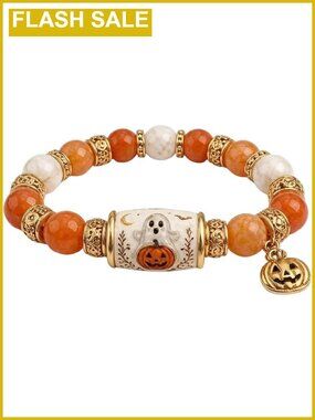 Halloween Stretch Beaded Bracelet Black Cat Pumpkin Ghost Charm Costume